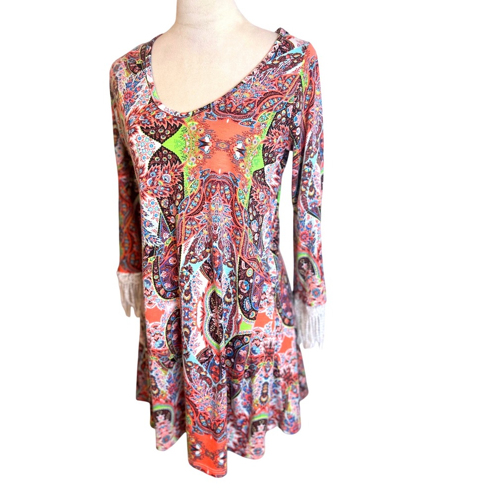 Bellino USA Multicolor Paisley Tunic Dress Boho Fringe 3/4 Sleeve Womens Size M